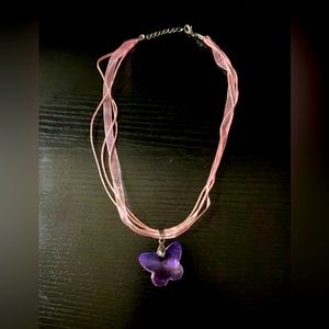 Pink Ribbon Necklace with a Butterfly Crystal pendant